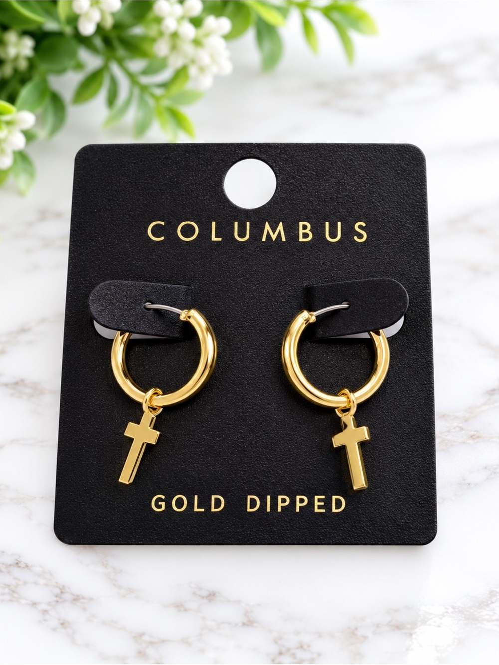 Columbus Small Gold-Dipped Hoop Earrings with Cross Charms